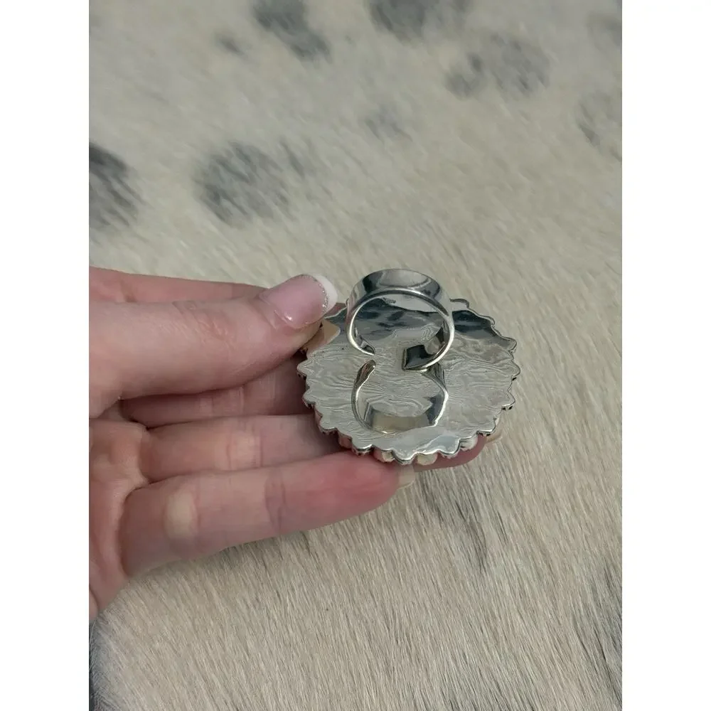 HUGE Sterling Silver Pink Onyx & Pink Fire Opal Flower Cluster Ring 925 Adjust